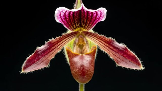 Close-up of exotic pink orchid flower on black background
