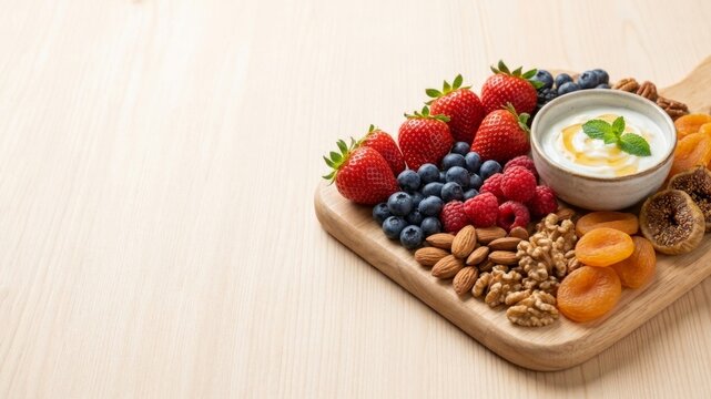 Healthy Snack Board Assorted Nuts Berries and Yogurt