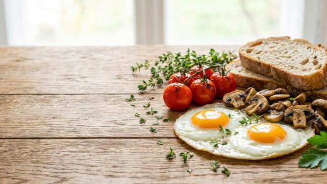 Rustic Farm Breakfast Fried Eggs Grilled Tomatoes and Sourdough