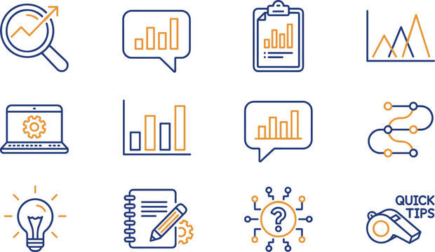 Business analytics and productivity line icon set showing market research charts data optimization strategy solutions and helpful quick tips