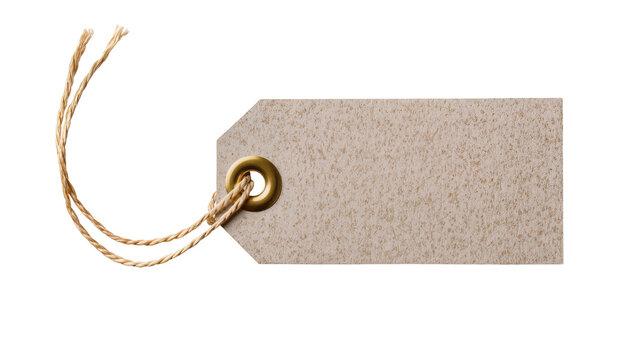 Isolated rectangular light brown craft paper tag with string loop for labeling and branding