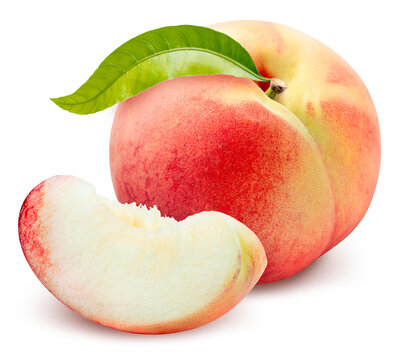 Sweet white peach isolated on a white background, with clipping path, gourmet beverage branding, and premium food packaging design.