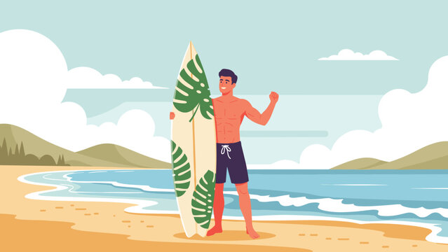 Young athletic man holding a surfboard with palm leaves pattern on a sunny tropical beach overlooking mountains.