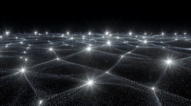 Abstract digital network surface featuring glowing nodes connected by radiant lines within dark space with luminous lines against vast dark background