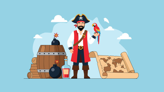 Brave pirate captain holding a colorful parrot next to a treasure map, gun powder barrel, and rum bottle.