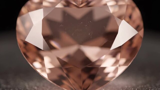 Luxurious Heart-Cut Pink Morganite Gemstone Reflecting Light on a Dark Surface. Macro Close-up of a Precious Stone or Diamond, Ideal for Romance and Jewelry Concepts.