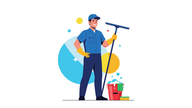 Professional male window cleaner holding a squeegee next to a bucket of soapy water on abstract background.