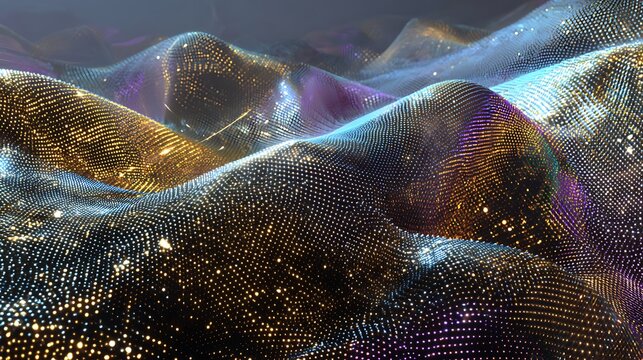 Abstract wavy surface composed of glowing golden dots with displays three dimensional landscape surface formed thousands tiny luminous against dark background