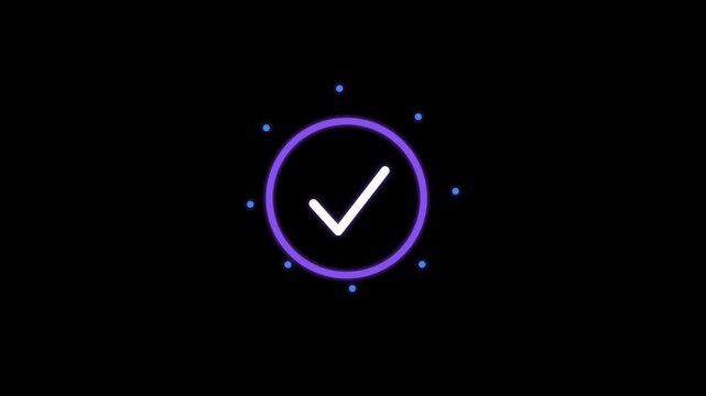 Glowing purple circular tick mark icons representing successful task completion and positive status verification feedback signs