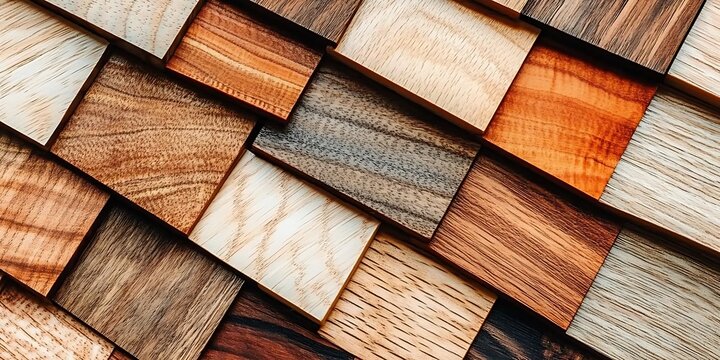 Assorted wood samples arranged in diagonal mosaic pattern for design projects.