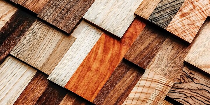 Assorted wood samples arranged in diagonal mosaic pattern for design projects.