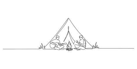 Continuous line drawing of two people camping in tent with campfire adventure © Stockxy