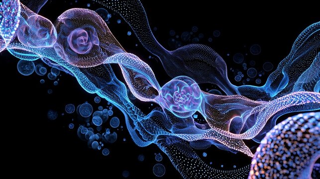 Abstract glowing particle flow streams creating dynamic bioluminescent structures against dark cosmic space background environment with suspended spherical clusters