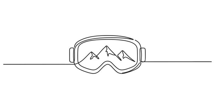 Minimalist one line drawing of ski goggles and mountain peaks with mountains, reflection