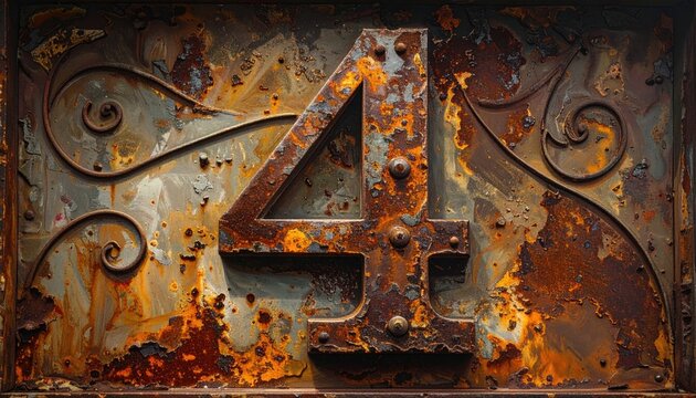 Rusty Weathered Number Four Sign in Ornate Metal Panel