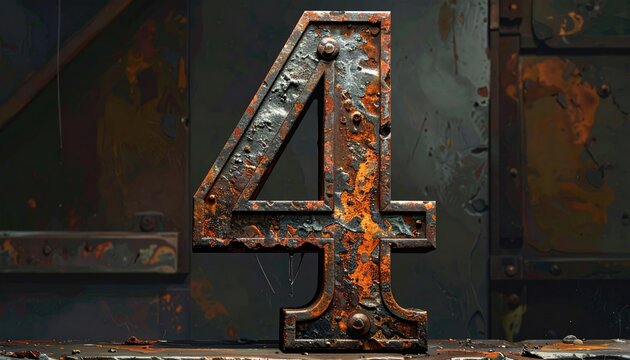Rusty Large Digit Four on Dark Metal Surface