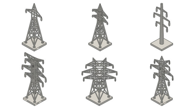 Electrical Power Pylons Isometric Vector Illustration On White Background