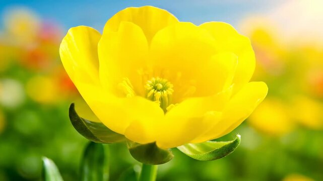 Close-up of a vibrant yellow buttercup flower blooming in a sunny meadow with a soft bokeh background