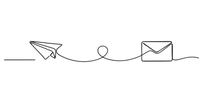 Continuous single line drawing of paper plane flying to an envelope with communication