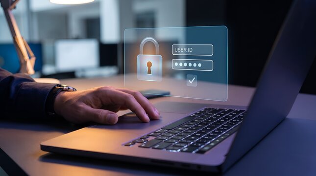 Man logging into secure system with holographic padlock interface