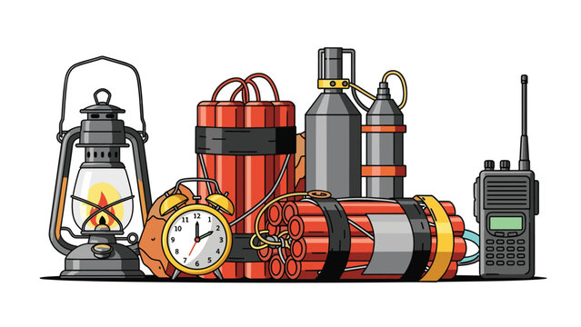 Set of survival and military equipment including explosive dynamite sticks, alarm clock, gas cylinder, and walkie talkie.