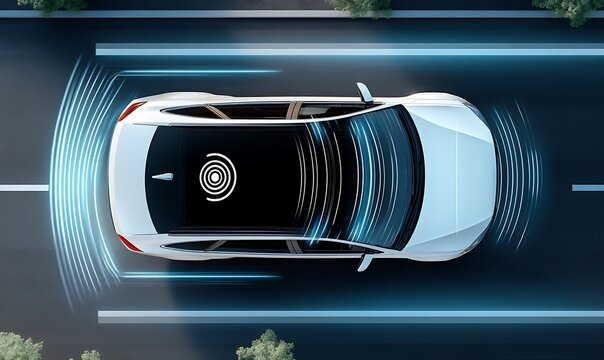 Autonomous car with holographic navigation system on road, top view.