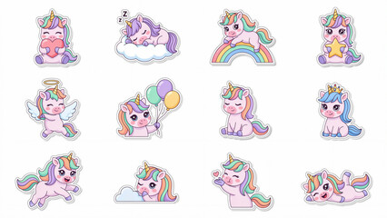 Obraz premium Cute Cartoon Unicorn Sticker Set with Adorable Magic Creatures and Fantasy Elements for Kids' Designs and Whimsical Projects