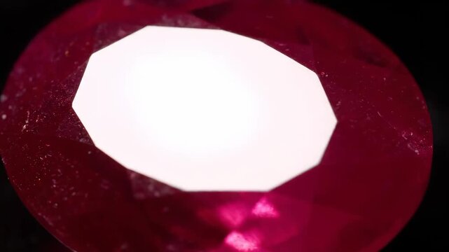Extreme Macro Shot of a Natural Red Ruby Gemstone Against a Black Background, Showing Facets and Imperfections for Detailed Gemological Study