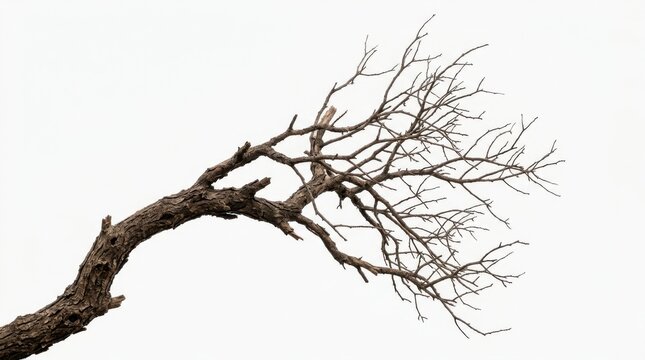 A single bare tree branch reaching out with no leaves isolated on a white background for design and nature projects