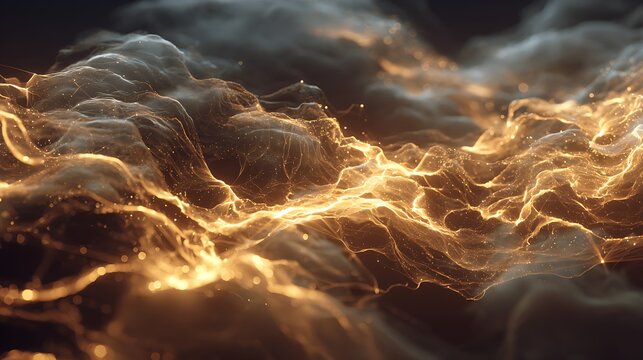 Abstract golden energy waves flowing through dark ethereal clouds in radiant cinematic light display with atmospheric clouds with filaments weaving