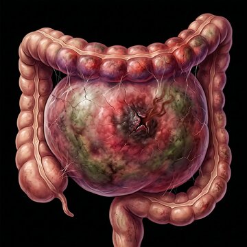 an extremely dilated or distended segment of the colon, visually conveying the severe and dangerous condition of toxic megacolon