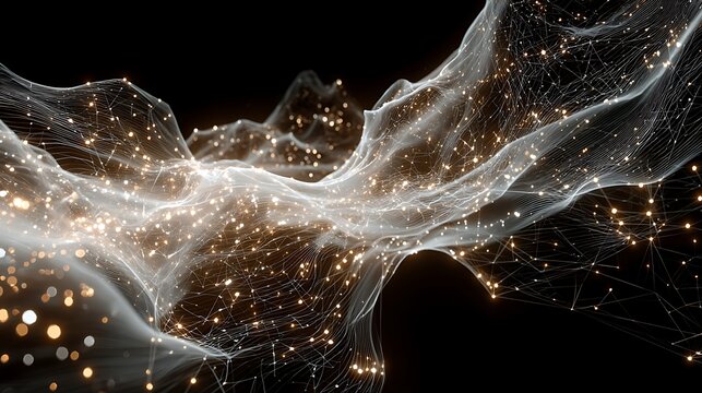 Abstract digital network flow representing advanced connectivity through glowing particles and interconnected white light wave lines