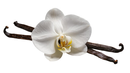 Isolated elegant white orchid flower with aromatic vanilla pods for gourmet flavor © Vincent