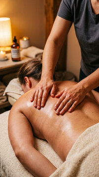 Masajista aplicando aceite esencial y realizando un masaje relajante en la espalda de una mujer en un spa con ambiente c&aacute;lido e &iacute;ntimo.