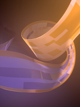 A dynamic orange ribbon twisted into a spiral with a pixel pattern