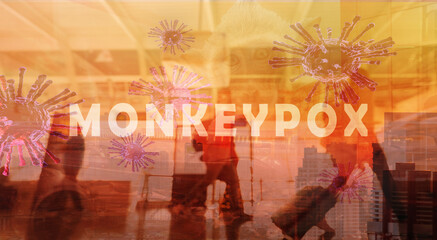 Monkeypox outbreak and travel concept. Monkeypox is caused by monkey pox virus. Tourists with baggage walking in the airport. Travel during virus outbreak.  Monkeys may harbor virus and infect people. © Fahroni