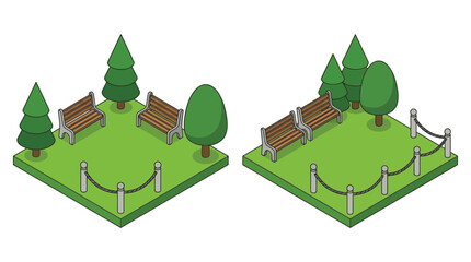 Isometric park scene with benches trees and rope barriers on white background © RAZU ISLAM
