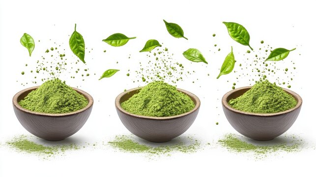 Matcha powder air isolated on white background,superfood powder,diet and healthy life,green tea powder,Japanese tea leaves,popular menu trendy, wellness concept.