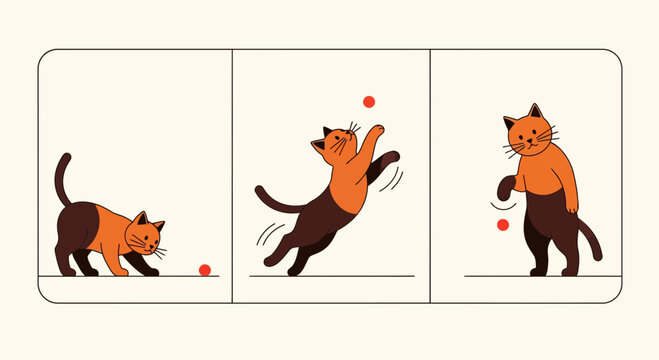 Ginger Cat Chasing Red Laser Pointer Dot Three Panel Illustration