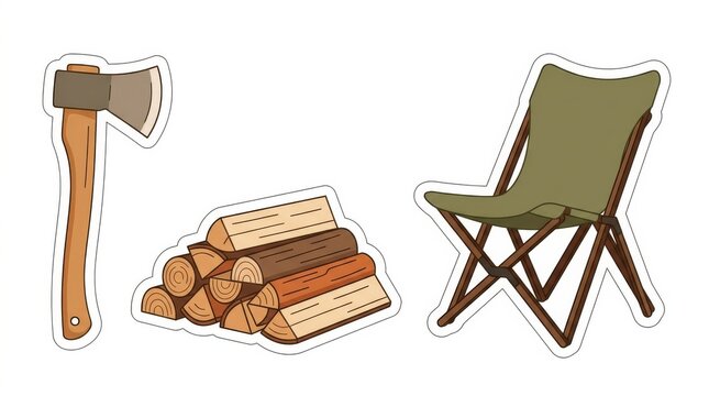 Camping Equipment Sticker Set with Axe Firewood and Folding Chair