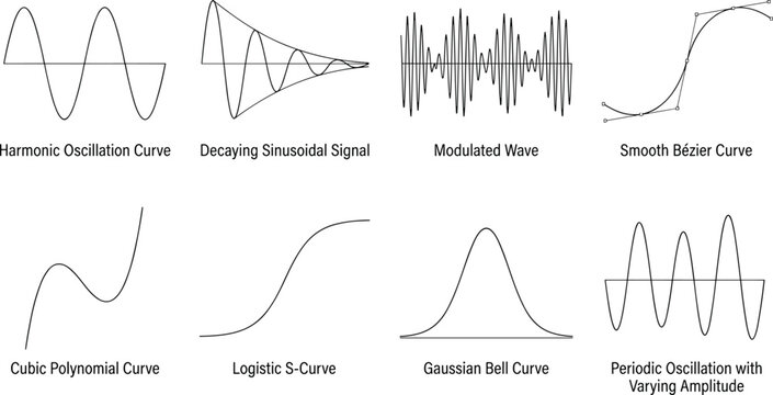 Mathematical Curve and Waveform Line Illustration Set with Graph Functions and Signal Shapes