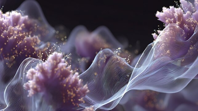 Abstract digital waves representing ethereal flowing fabric structures with radiant golden particle dust illumination