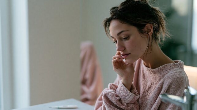 Thoughtful woman waiting for a pregnancy test result at home. Concept of infertility, unsuccessful conception, emotional stress, fertility treatment, reproductive health and hope