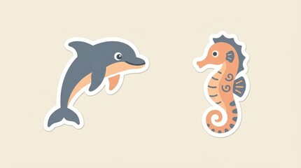 Fototapeta premium Cute cartoon dolphin and seahorse stickers on plain background