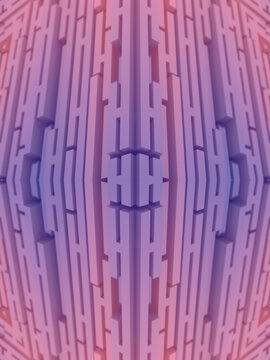 A symmetrical 3D maze in pink and purple tones. Abstract geometric structure
