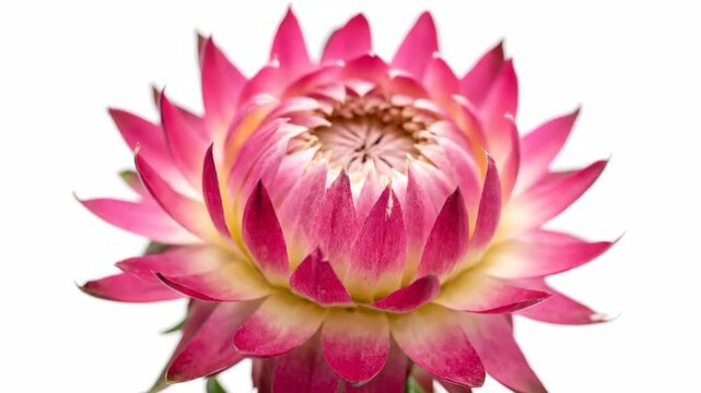 Close-up of a vibrant pink strawflower blooming against a clean white background