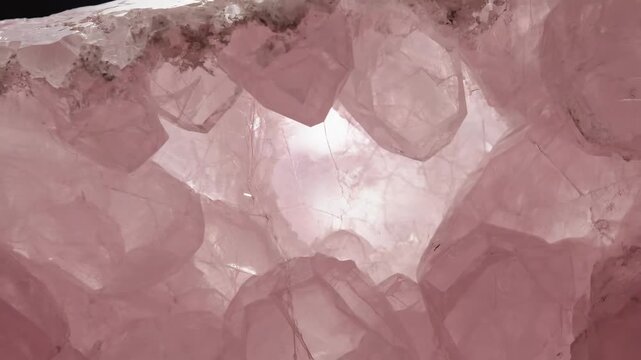Close-up macro shot of raw rose quartz crystals forming a geode structure, showcasing light shining through the pink translucent facets and abstract geological texture.