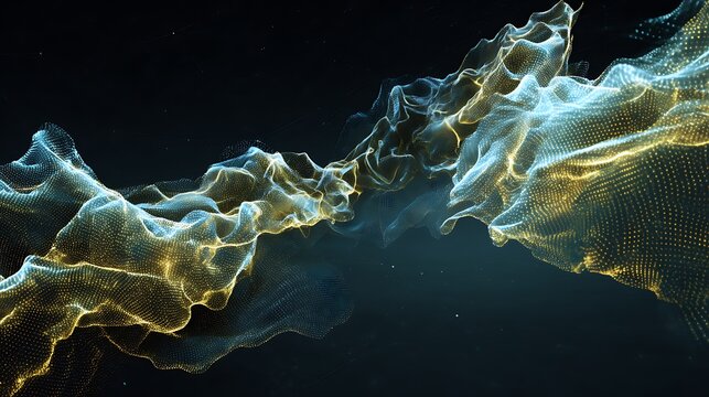 Abstract digital flowing waves composed of glowing gold and blue particles in dark space with ethereal undulating ribbons particles floating