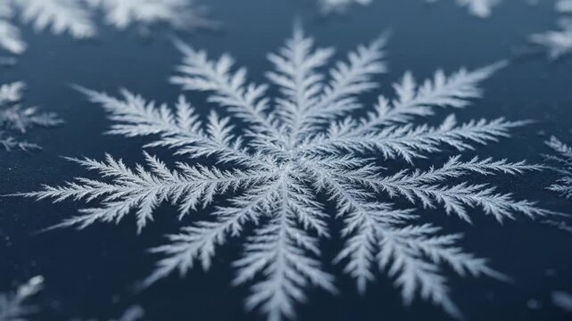 Macro Close up of a Detailed Fern-Like Frost Crystal Structure on a Dark Blue Background. Intricate Crystalline Pattern of Natural Winter Ice Formation.