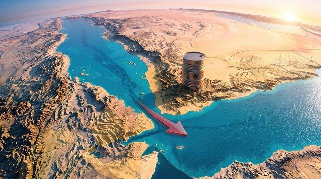 3D map showing military attack vector and target directional arrow at Bab el Mandeb strategic choke point